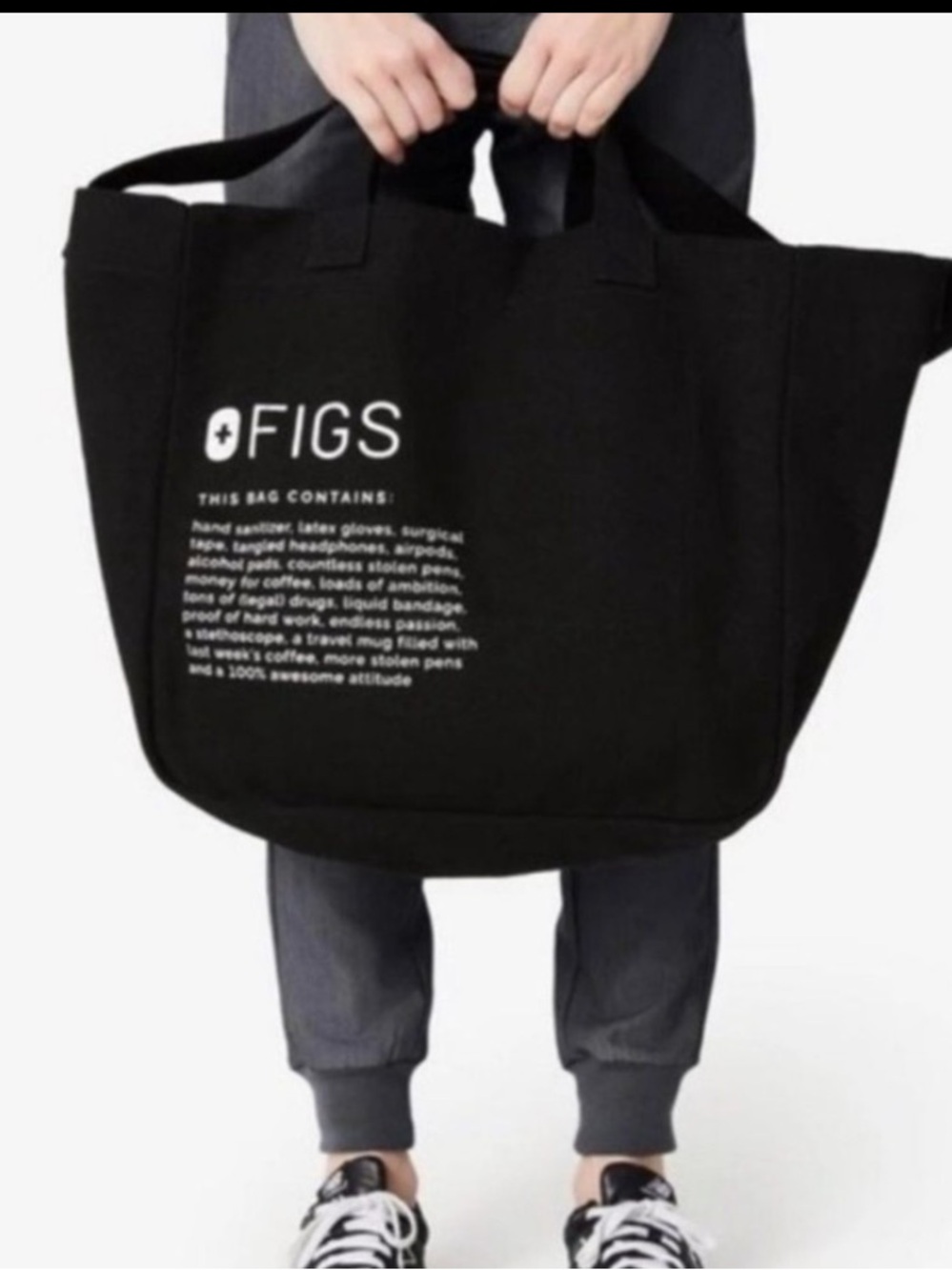FIGS Black Duffel Tote Bag with White Logo